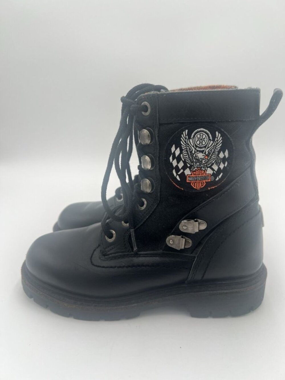 Harley Davidson Black Leather Motorcycle Boots Eagle Patch Lace Up Women's 7M